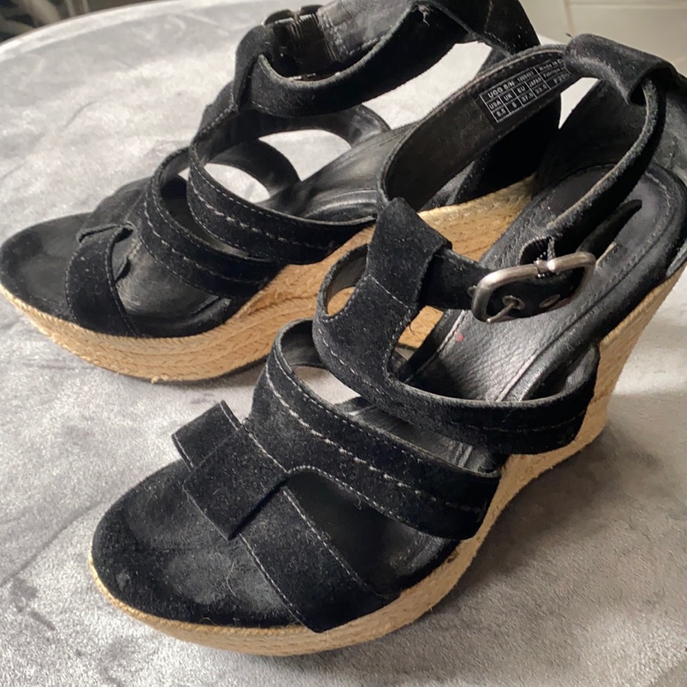 UGG Black Suede Espadrille Wedges 6.5